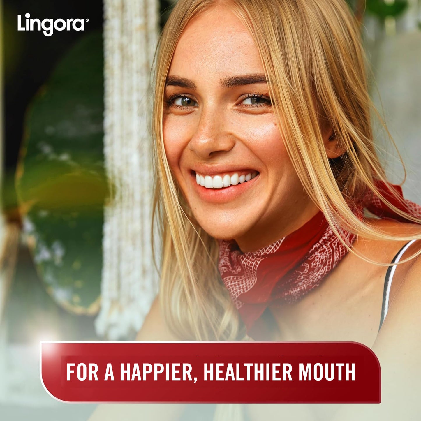 A smiling woman wearing a red patterned neck scarf, with the Lingora logo in the top left and a red banner at the bottom reading 'FOR A HAPPIER, HEALTHIER MOUTH'.