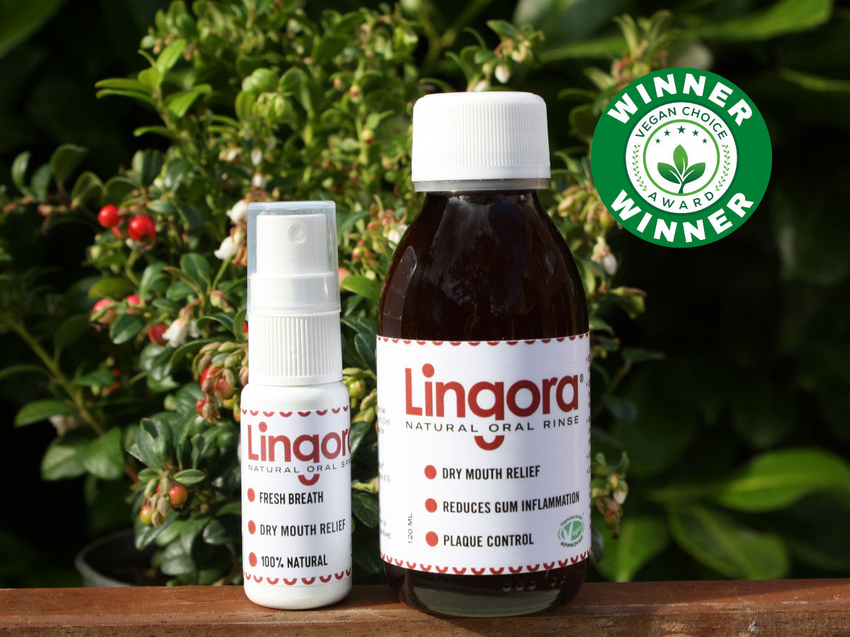 Lingora Natural Oral Rinse and Oral Spray with Vegan Choice Award winner stamp.