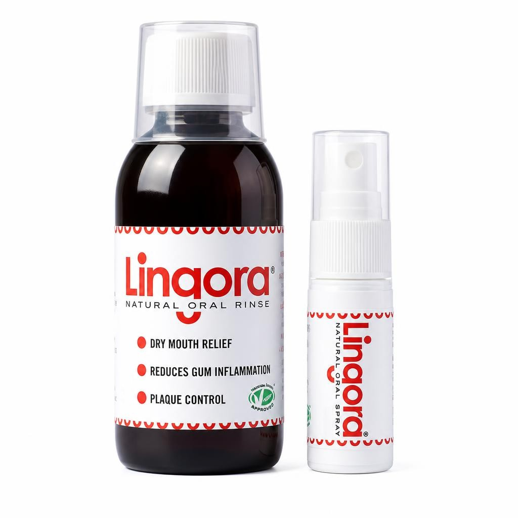 Lingora Natural Oral Rinse bottle next to its smaller Lingora Natural Spray pump bottle, both on a clean white background.